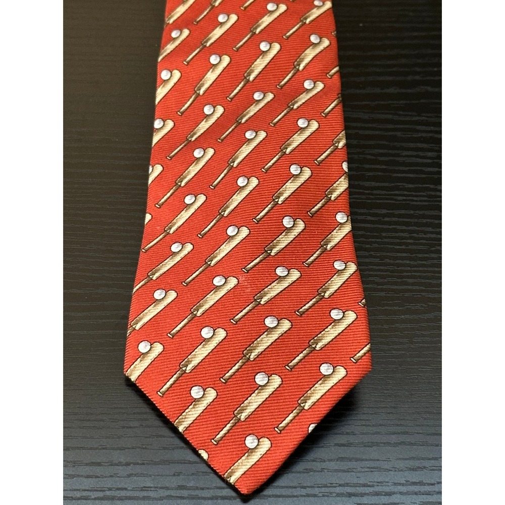 Chanel Paris Mens Silk Tie Orange Red Cricket Bat Ball Novelty Print Made Italy - Picture 2 of 3